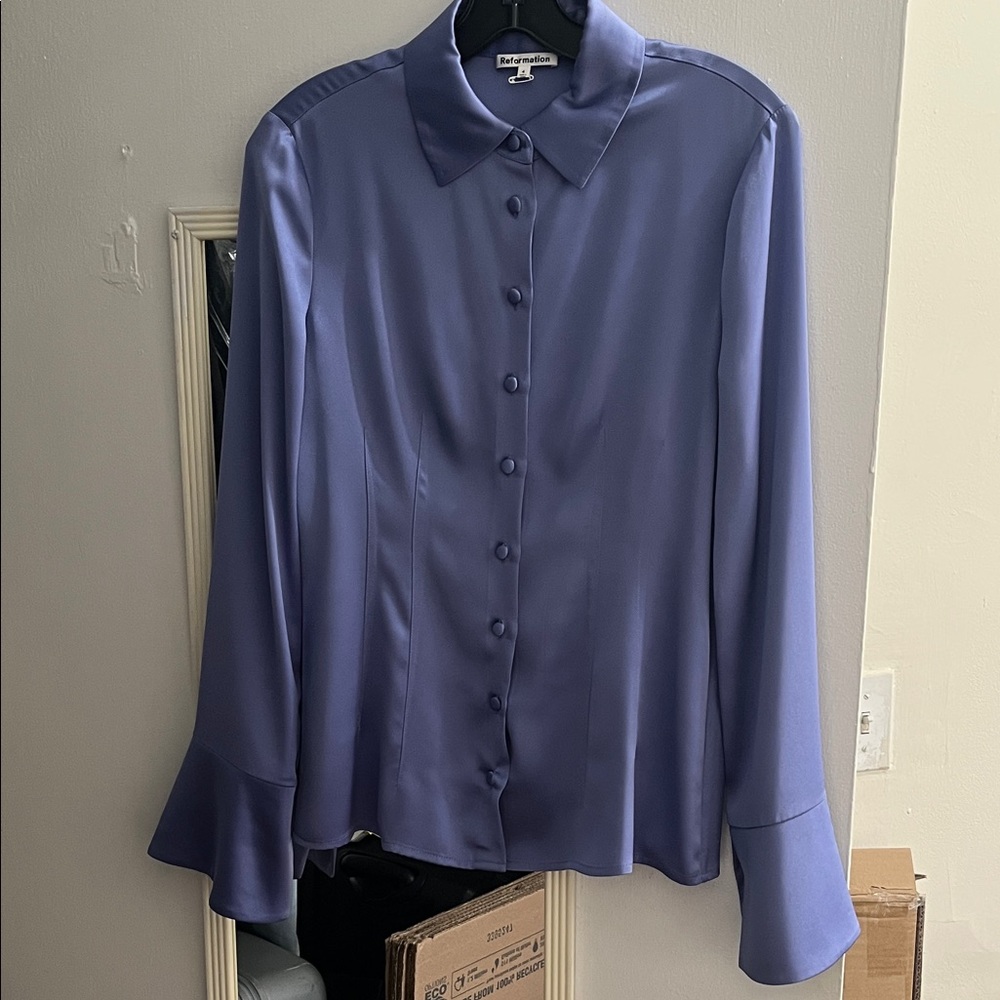 Reformation Blue Satin Blouse